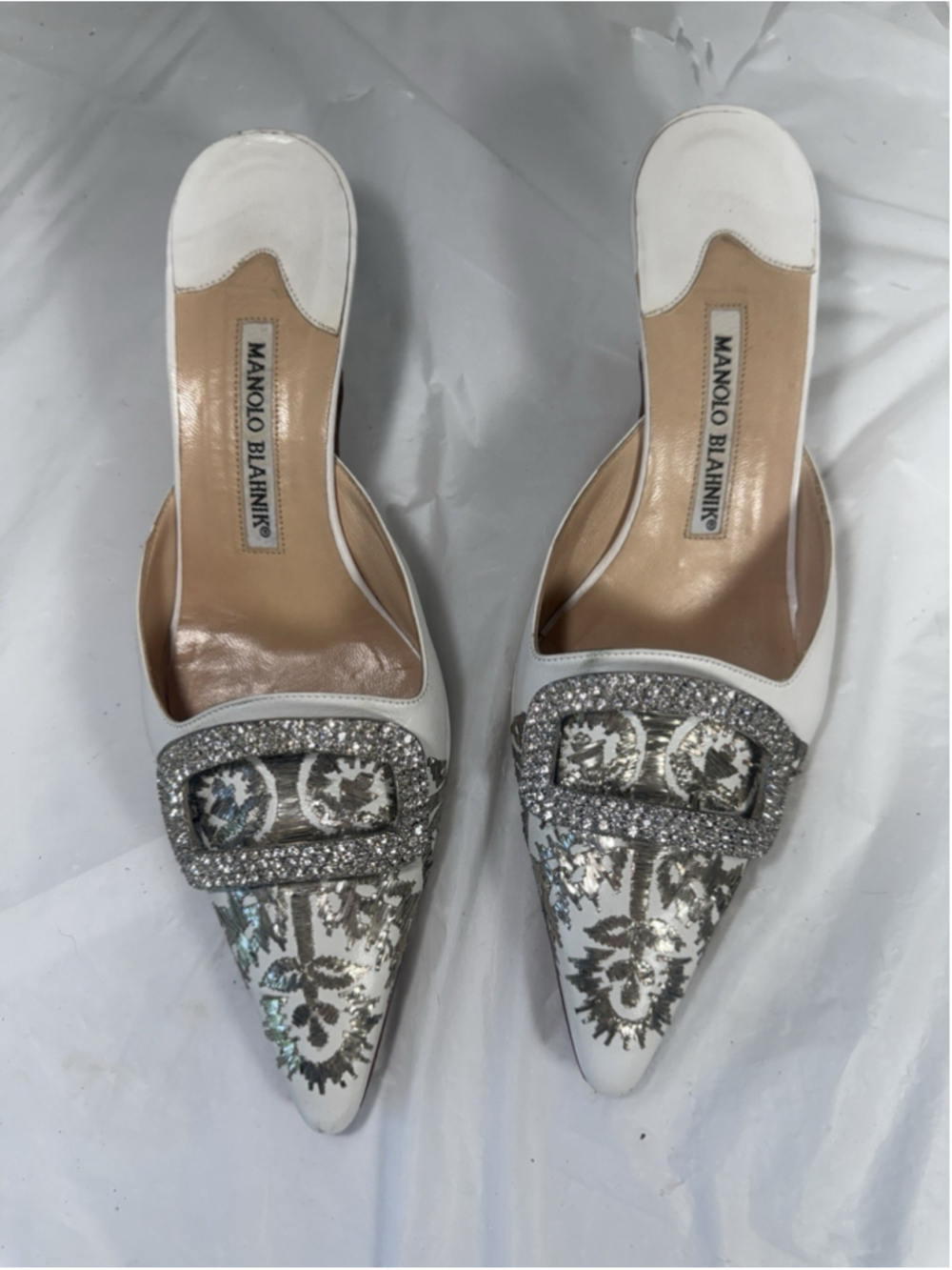 Manolo Blahnik Leather Mules White Graphic Print Crystals - Picture 14 of 14